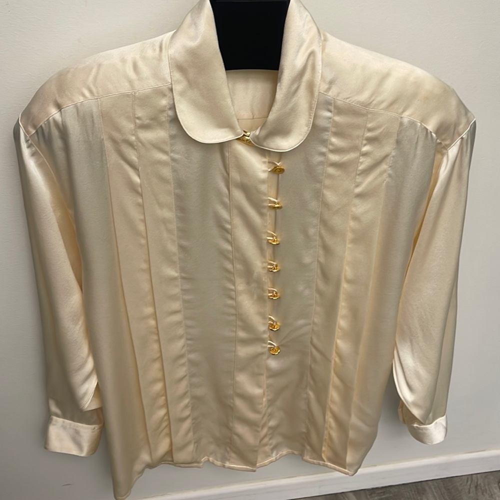 Vintage 1990s authentic Chanel cream satin silk Button down blouse